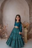 Teal Stylish Crop Top With Tiered-Lehenga For Girls