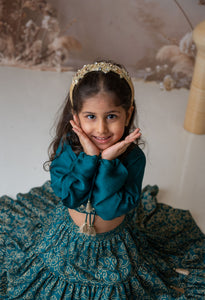 Teal Stylish Crop Top With Tiered-Lehenga For Girls