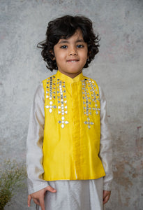 Yellow Mirror Embroidery Bandhgala Set For Boys