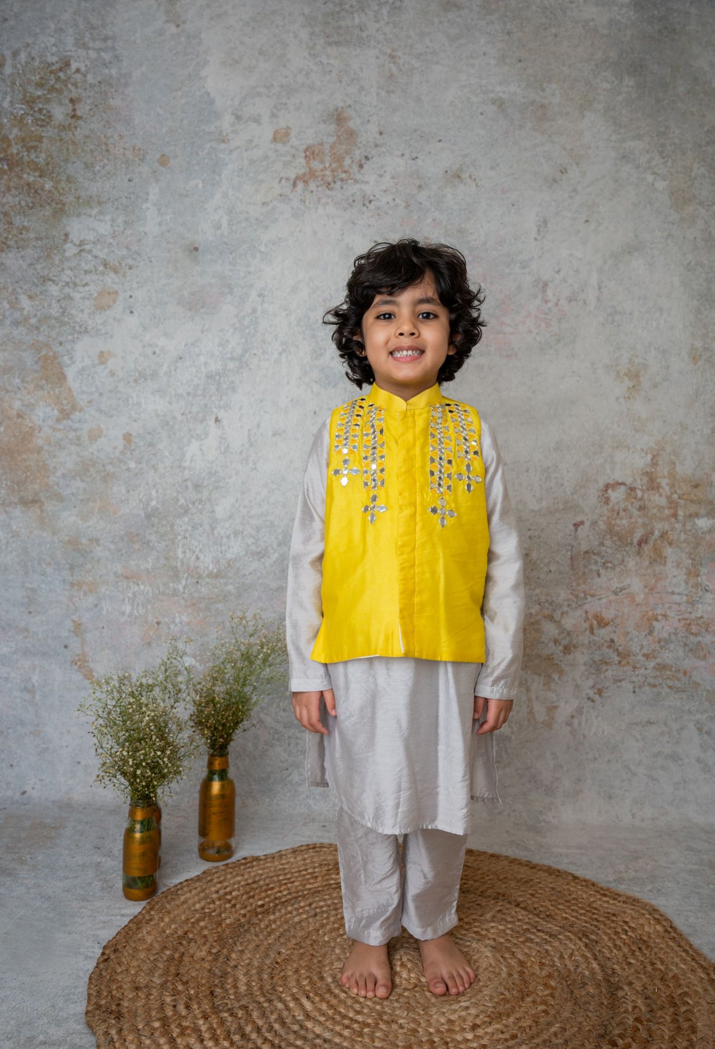 Yellow Mirror Embroidery Bandhgala Set For Boys