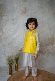 Yellow Mirror Embroidery Bandhgala Set For Boys