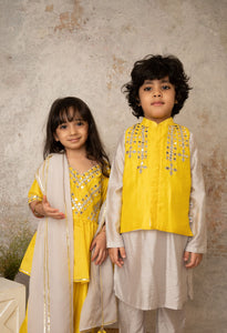 Yellow Mirror Embroidery Bandhgala Set For Boys