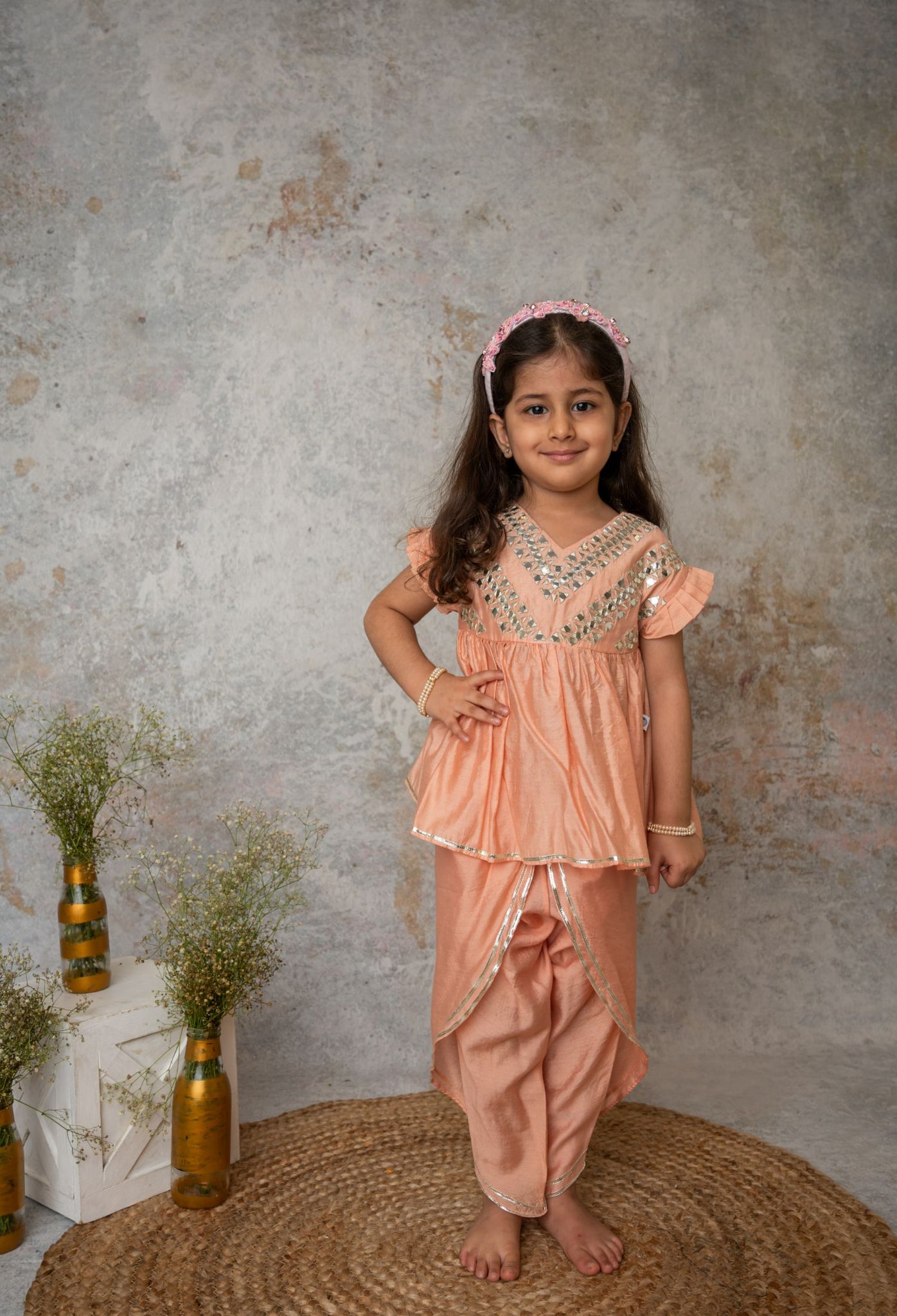 Peach Mirror Embroidery Dhoti Set For Girls