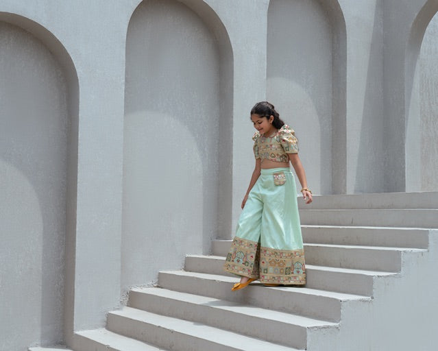 Pista Green Embroidered Crop Top with Palazzo