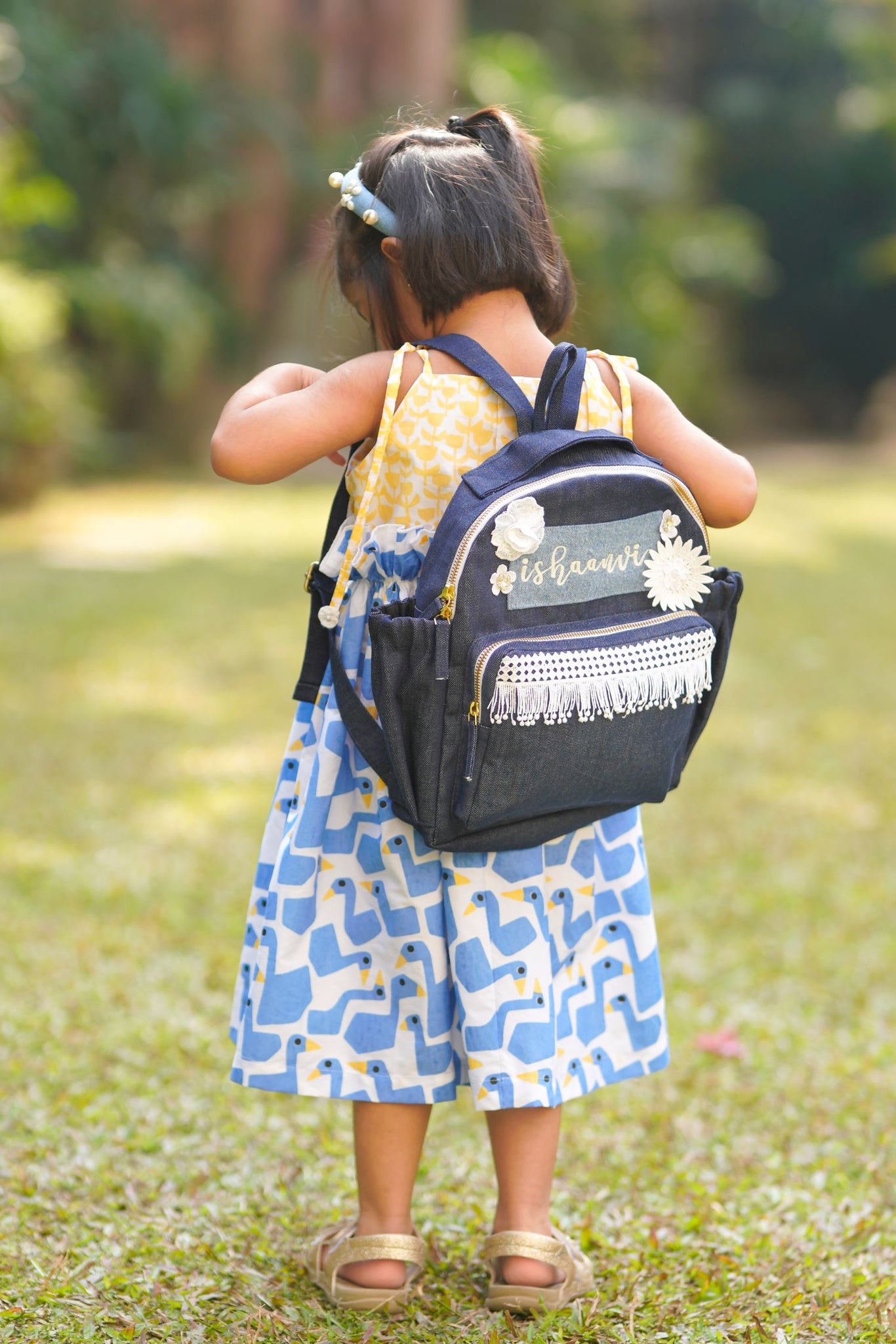 Denim Embroidered Backpack