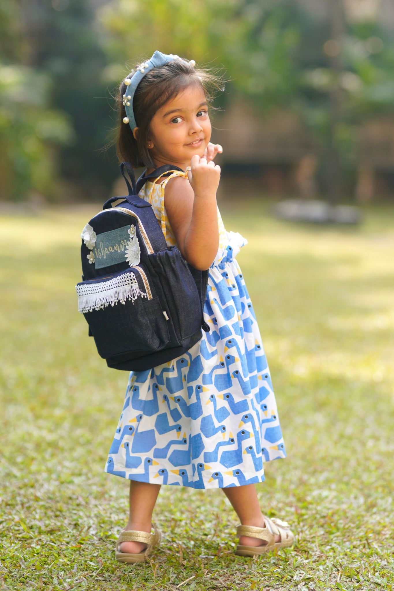 Denim Embroidered Backpack