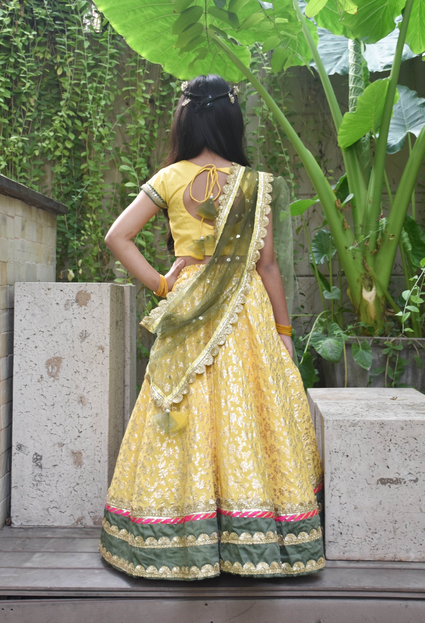 Yellow Boti Choli with Lehenga and Dupatta