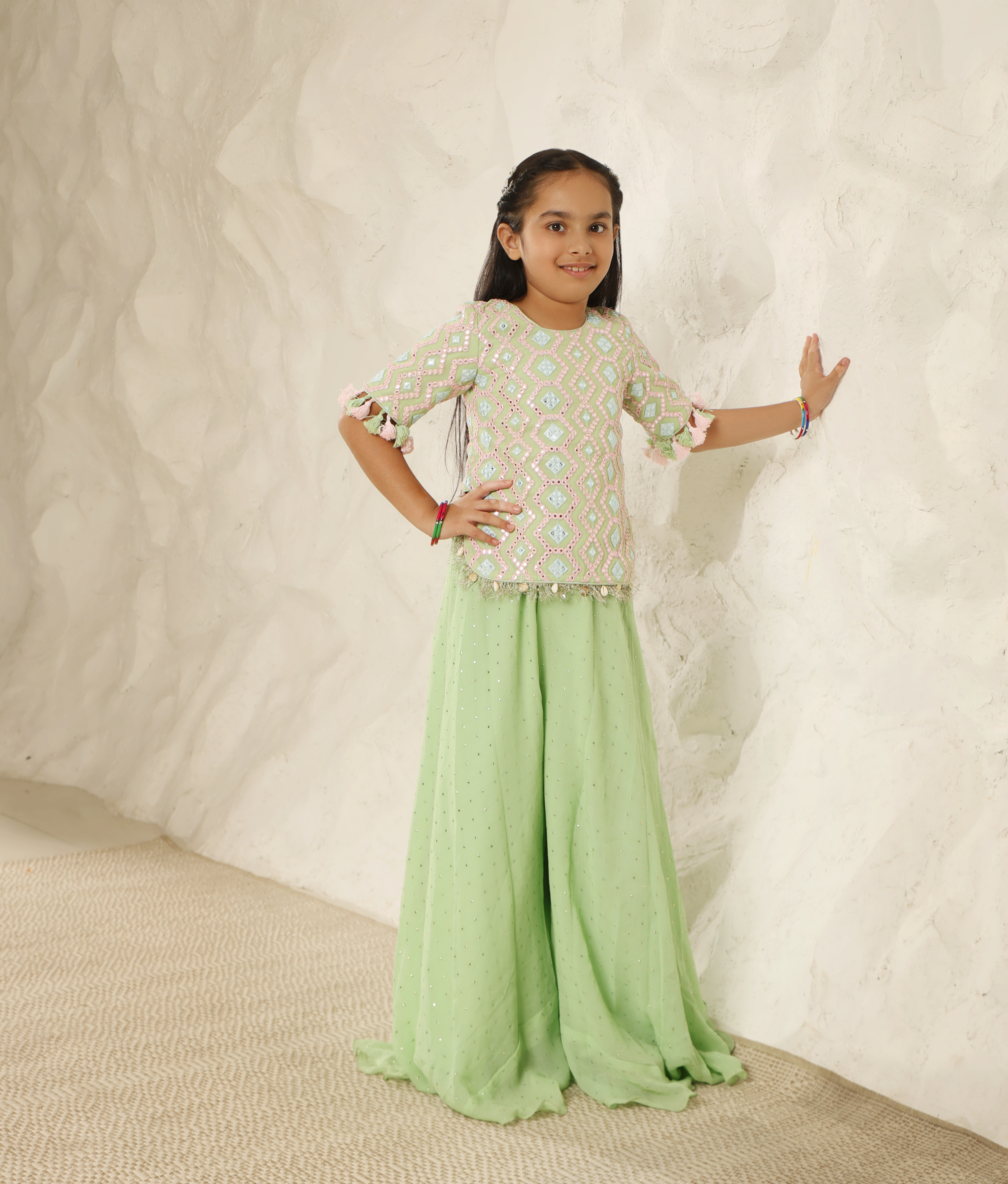 Green Mirror Embroidered Top with Plazzo Pant