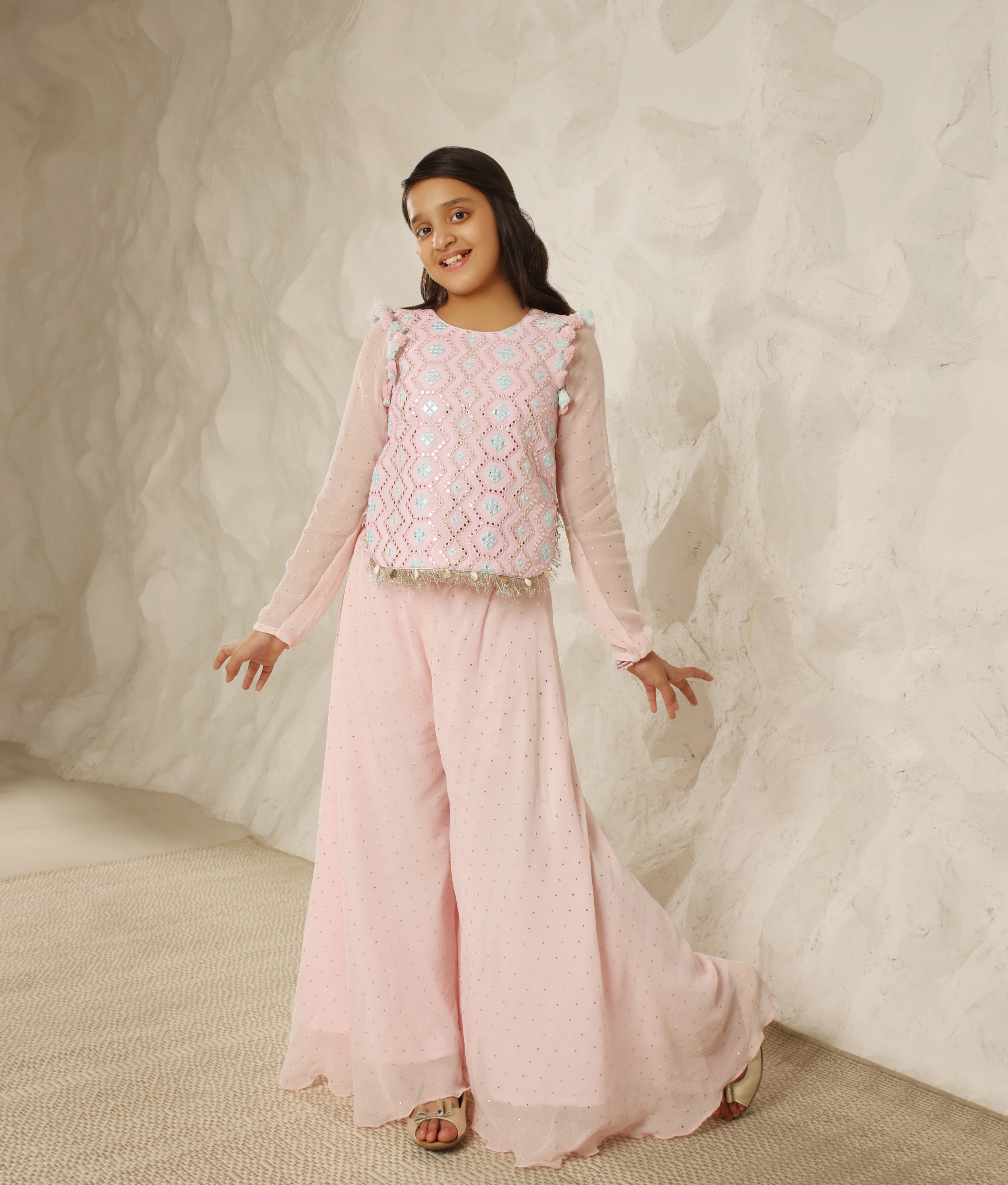 Baby Pink Mirror Embroidered Top with Plazzo Pant