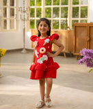 Playful Red Neoprene Dress with Sweet Summer Motifs