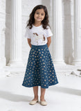 White Embroidered T-Shirt with Demin Skirt