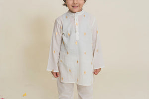 Full Sleeves White & Gold Print Kurta