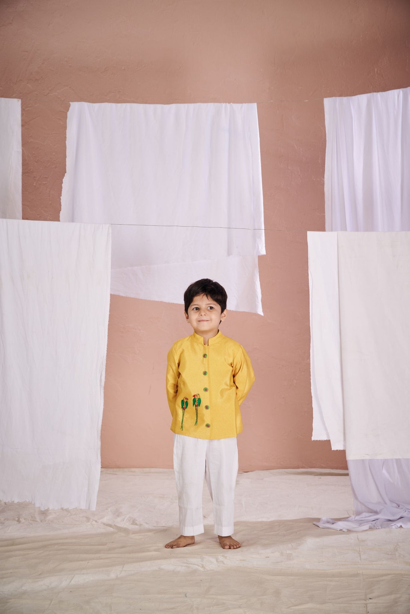 Yellow Appliqued Handwork Bandhgala Set.