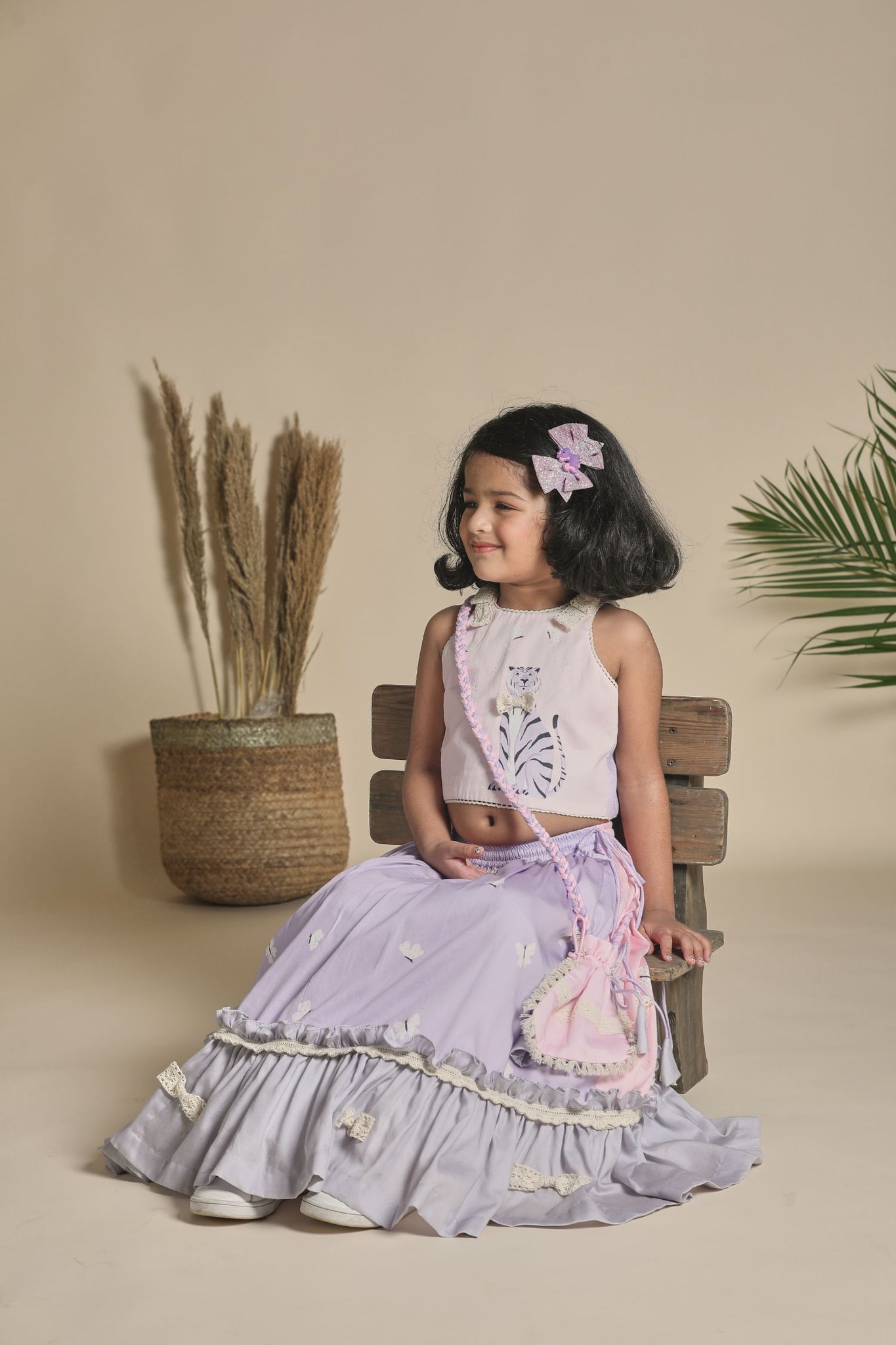 Pink And Lavender Lehenga With Frills Blouse Potli Bag Set