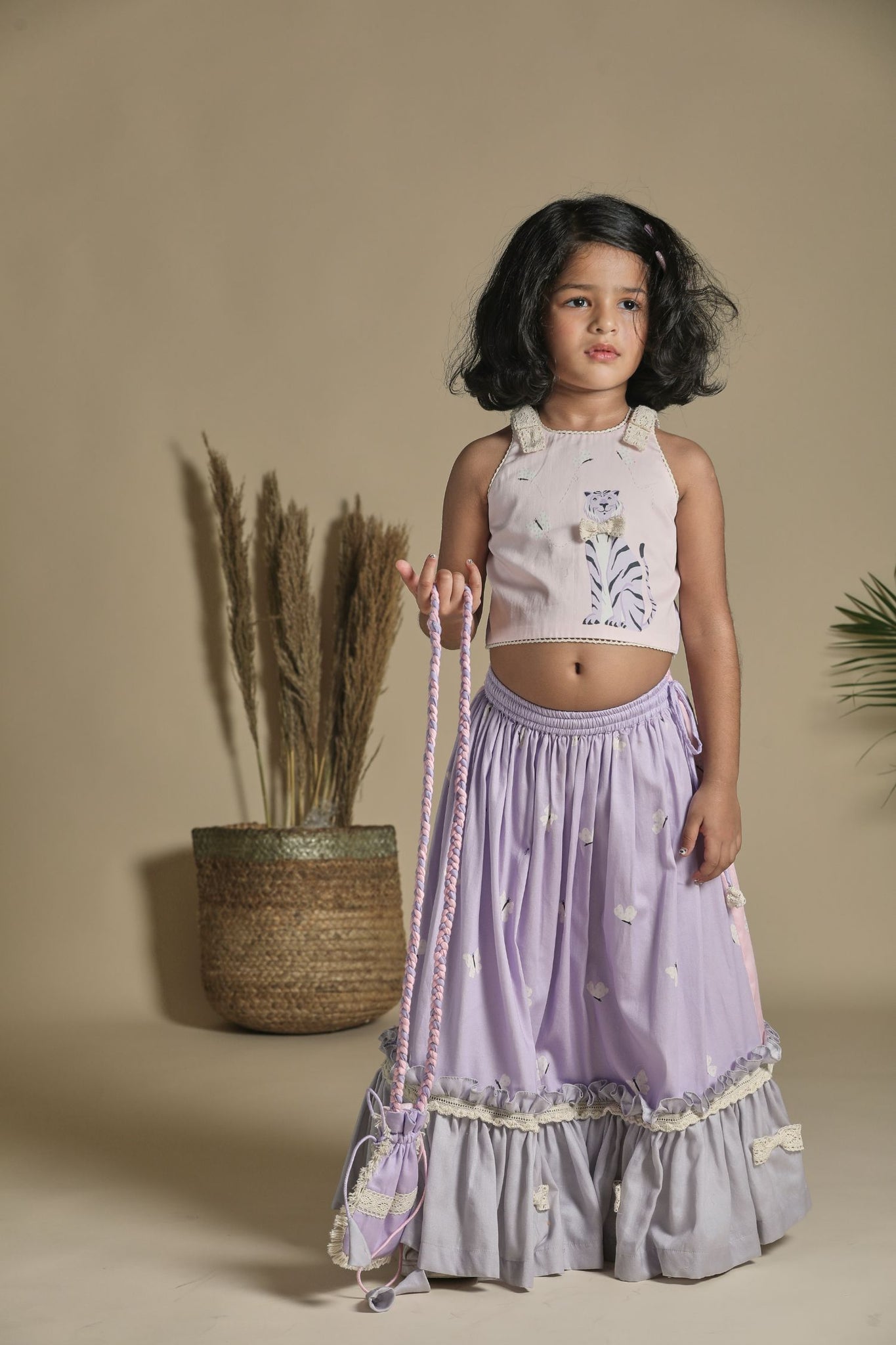 Pink And Lavender Lehenga With Frills Blouse Potli Bag Set