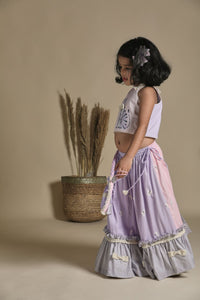 Pink And Lavender Lehenga With Frills Blouse Potli Bag Set