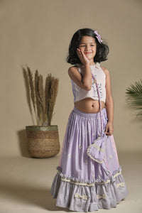 Pink And Lavender Lehenga With Frills Blouse Potli Bag Set