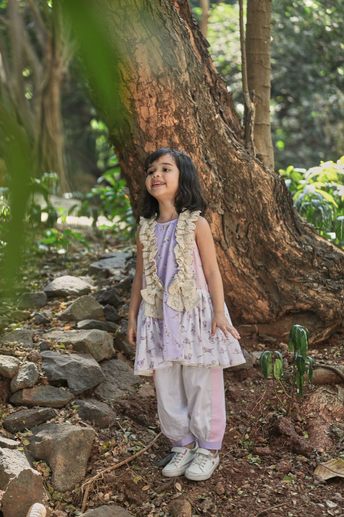 Off-white Pink Lavender Animal Print A-Line Kurta With Frills&Salwar Set