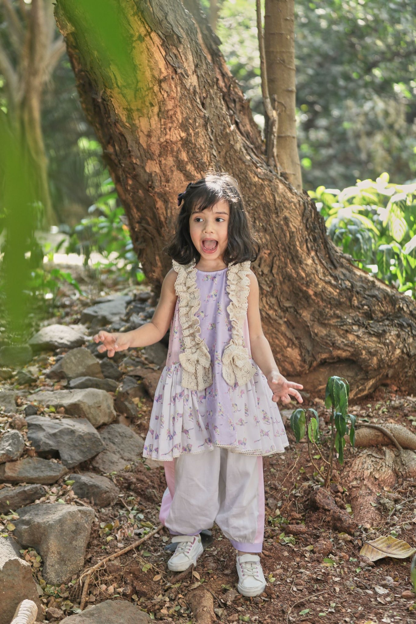 Off-white Pink Lavender Animal Print A-Line Kurta With Frills&Salwar Set