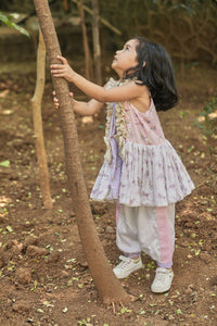 Off-white Pink Lavender Animal Print A-Line Kurta With Frills&Salwar Set