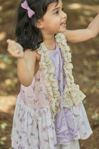 Off-white Pink Lavender Animal Print A-Line Kurta With Frills&Salwar Set