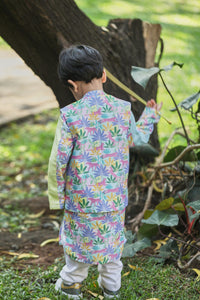 Tropical Print Bandi Kurta Set With Off-White Pants