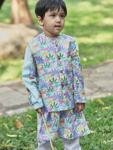 Tropical Print Bandi Kurta Set With Off-White Pants