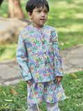 Tropical Print Bandi Kurta Set With Off-White Pants