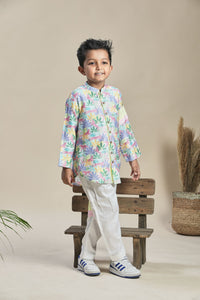 Tropical Print Short Shirt Kurta Pants Co-Ord Set