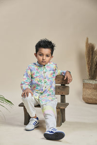 Tropical Print Short Shirt Kurta Pants Co-Ord Set