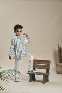 Tropical Print Short Shirt Kurta Pants Co-Ord Set