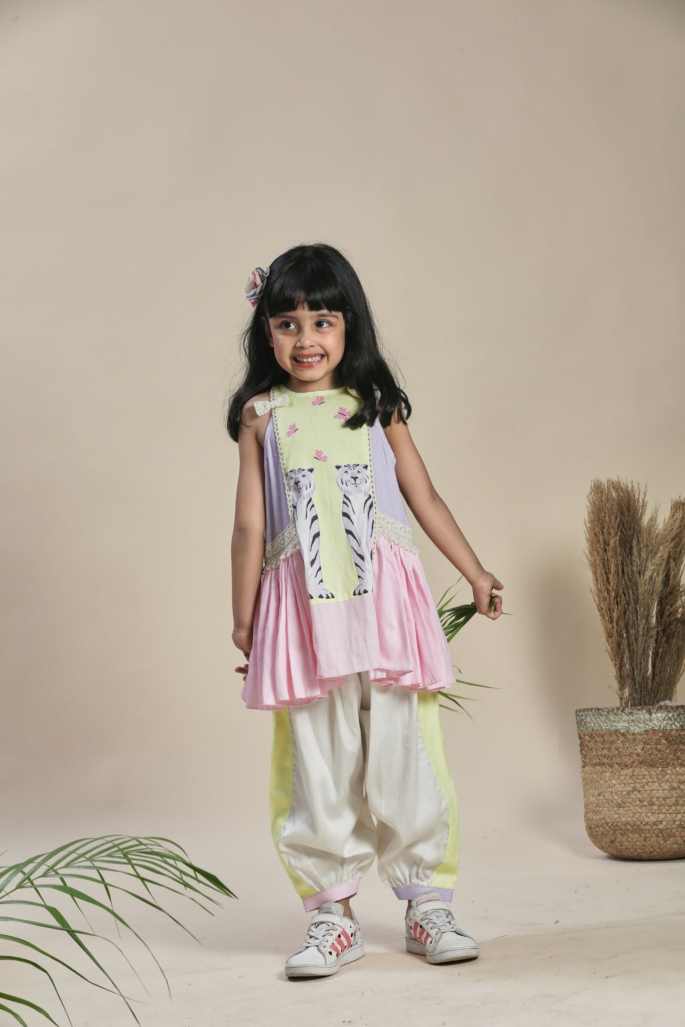 Yellow Lavender And Pink A-Line Kurta With Frills And Salwar Set