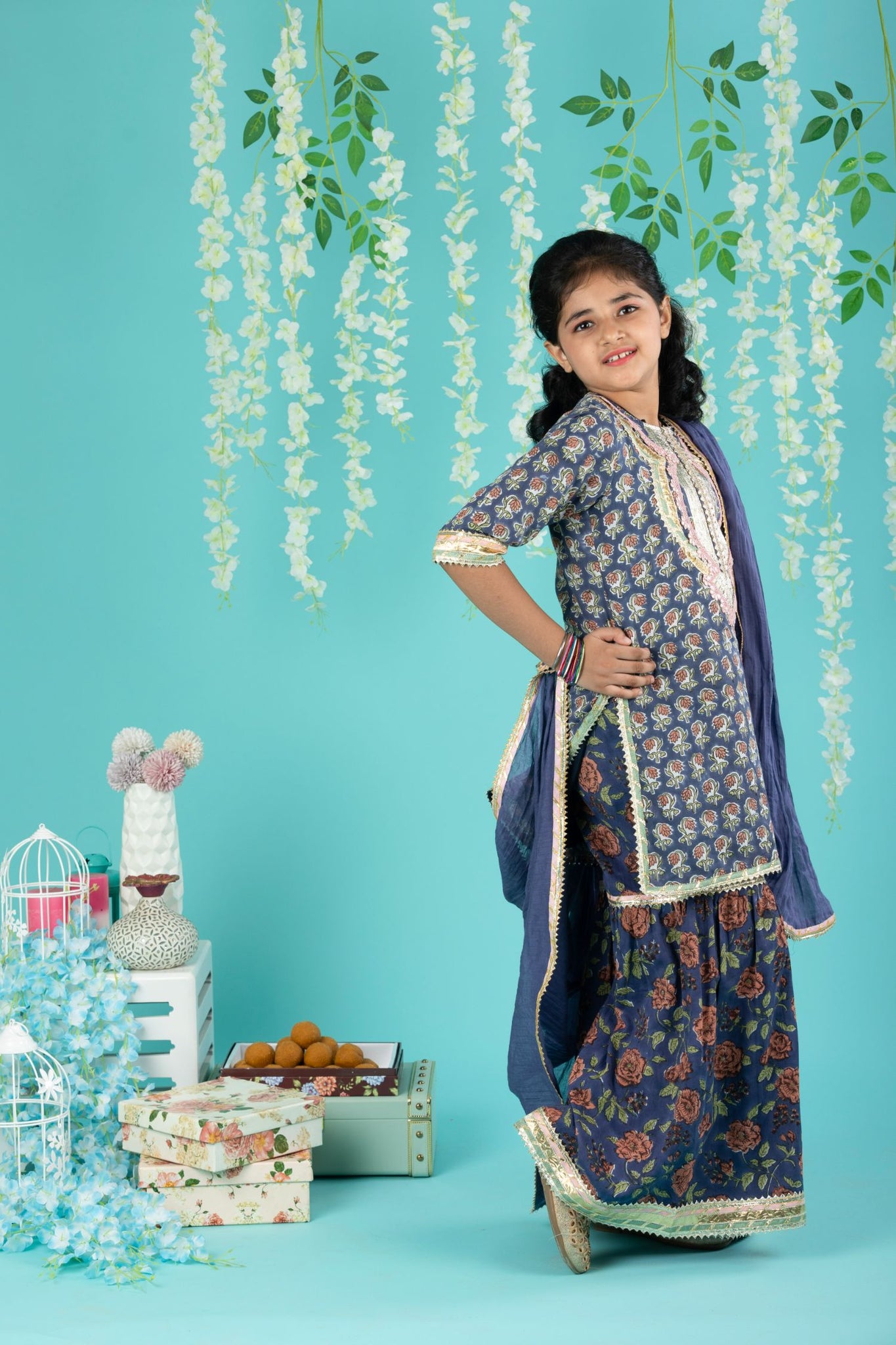 Cotton Block Print Mulmul Kurta And Sharara With Gota Detailing And Cotton Crinkle Dupatta