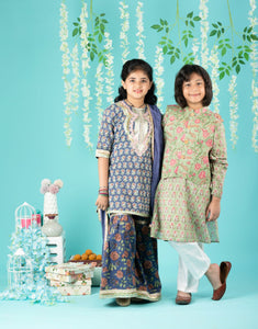 Cotton Block Print Mulmul Kurta And Sharara With Gota Detailing And Cotton Crinkle Dupatta