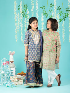 Block Print Cotton Kurta And Glaze Cotton Pyjama With Nehru Jacket