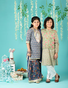 Cotton Block Print Mulmul Kurta And Sharara With Gota Detailing And Cotton Crinkle Dupatta