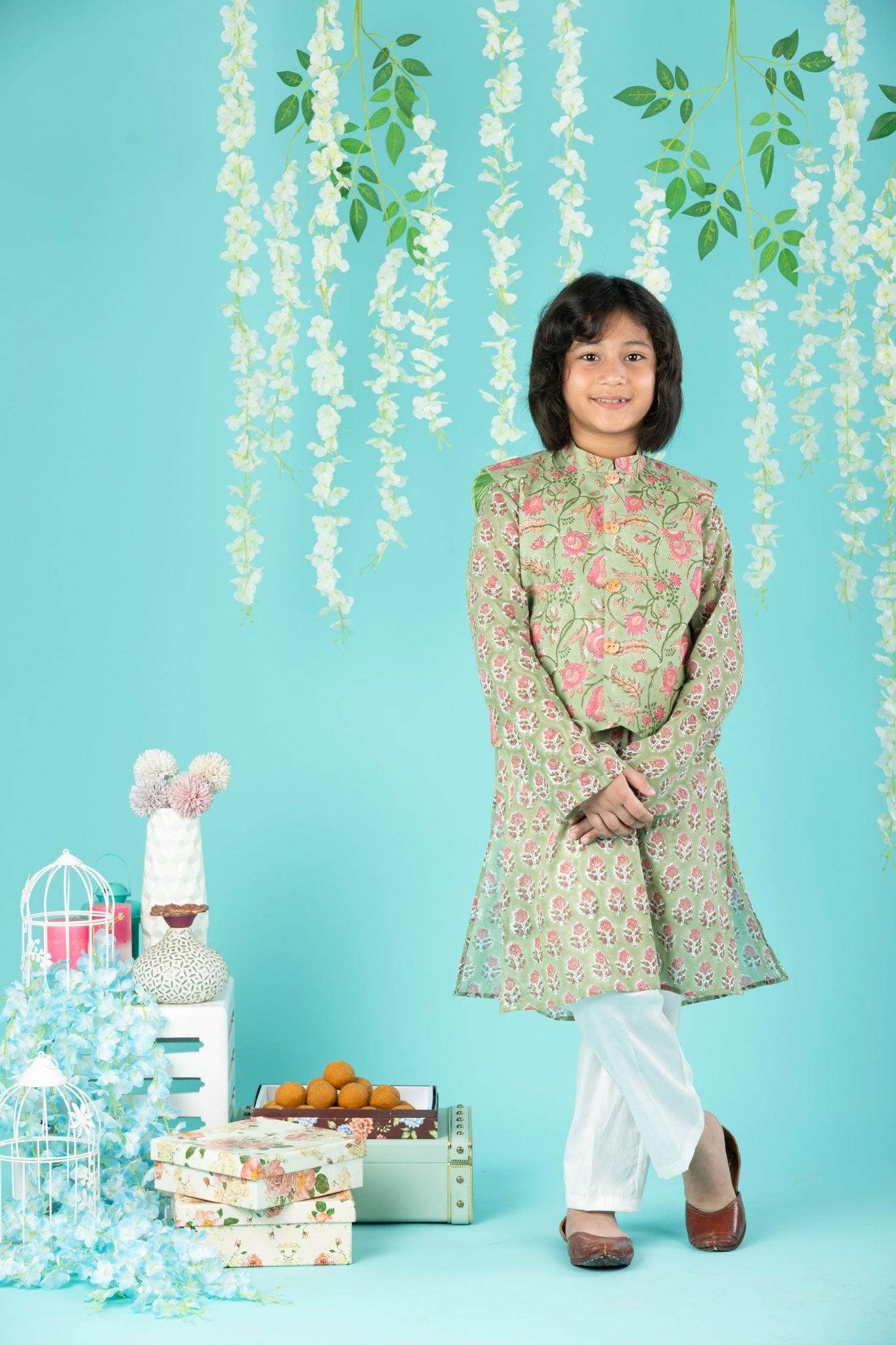 Block Print Cotton Kurta And Glaze Cotton Pyjama With Nehru Jacket