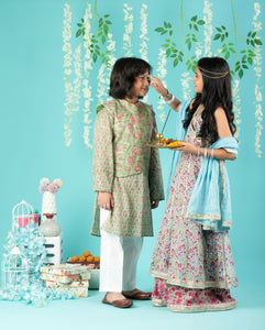 Cotton Block Print Mulmul Kurta And Sharara With Gota Detailing And Cotton Crinkle Dupatta