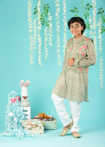 Block Print Cotton Kurta And Glaze Cotton Pyjama With Nehru Jacket