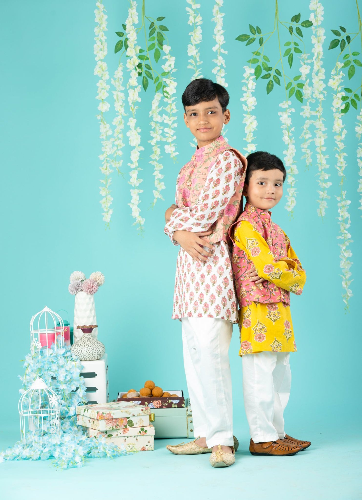 Block Print Cotton Kurta And Glaze Cotton Pyjama With Nehru Jacket