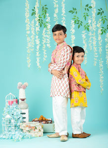 Block Print Cotton Kurta And Glaze Cotton Pyjama With Nehru Jacket