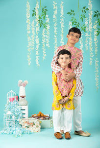 Block Print Cotton Kurta And Glaze Cotton Pyjama With Nehru Jacket