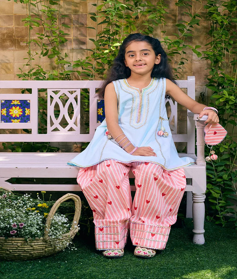 Blue Kurti with Printed Farshi Salwar