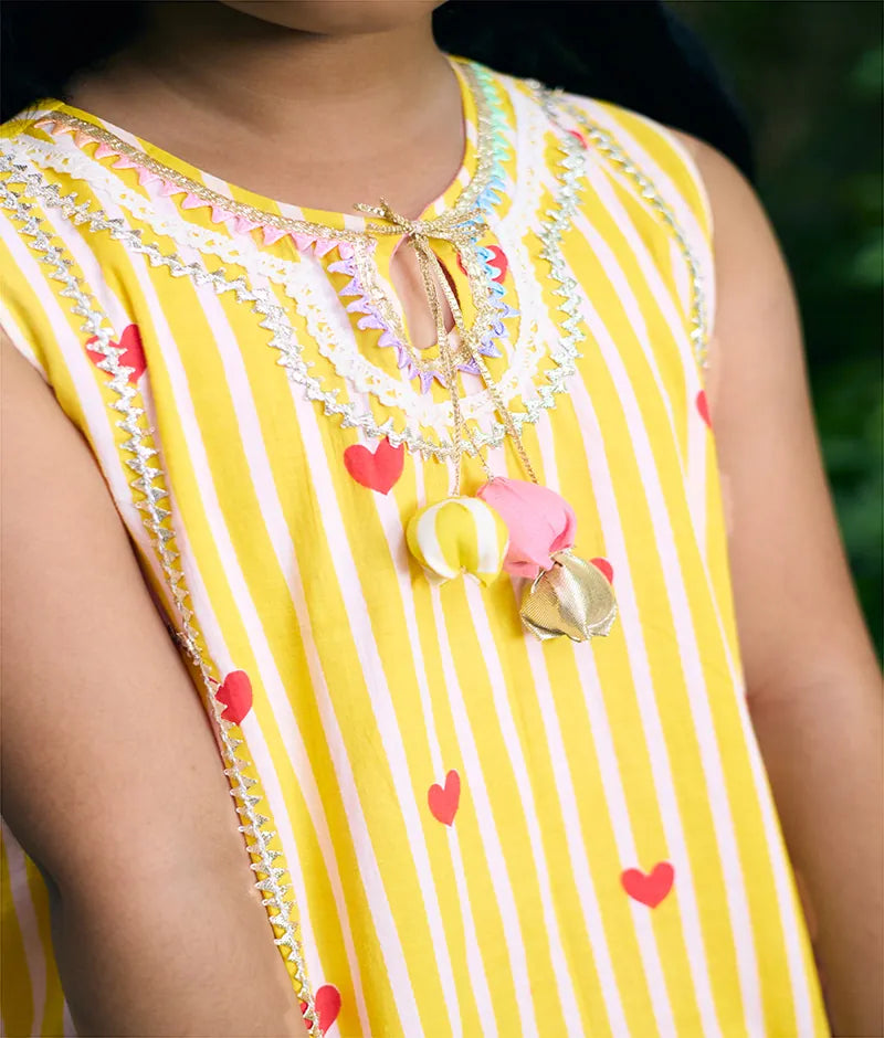 Yellow Printed Kurti with Coral Farshi Salwar