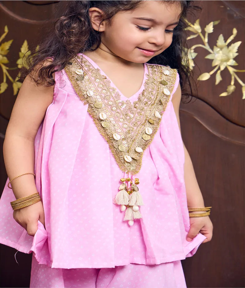 Baby Pink Bandhej Kurti with Sharara