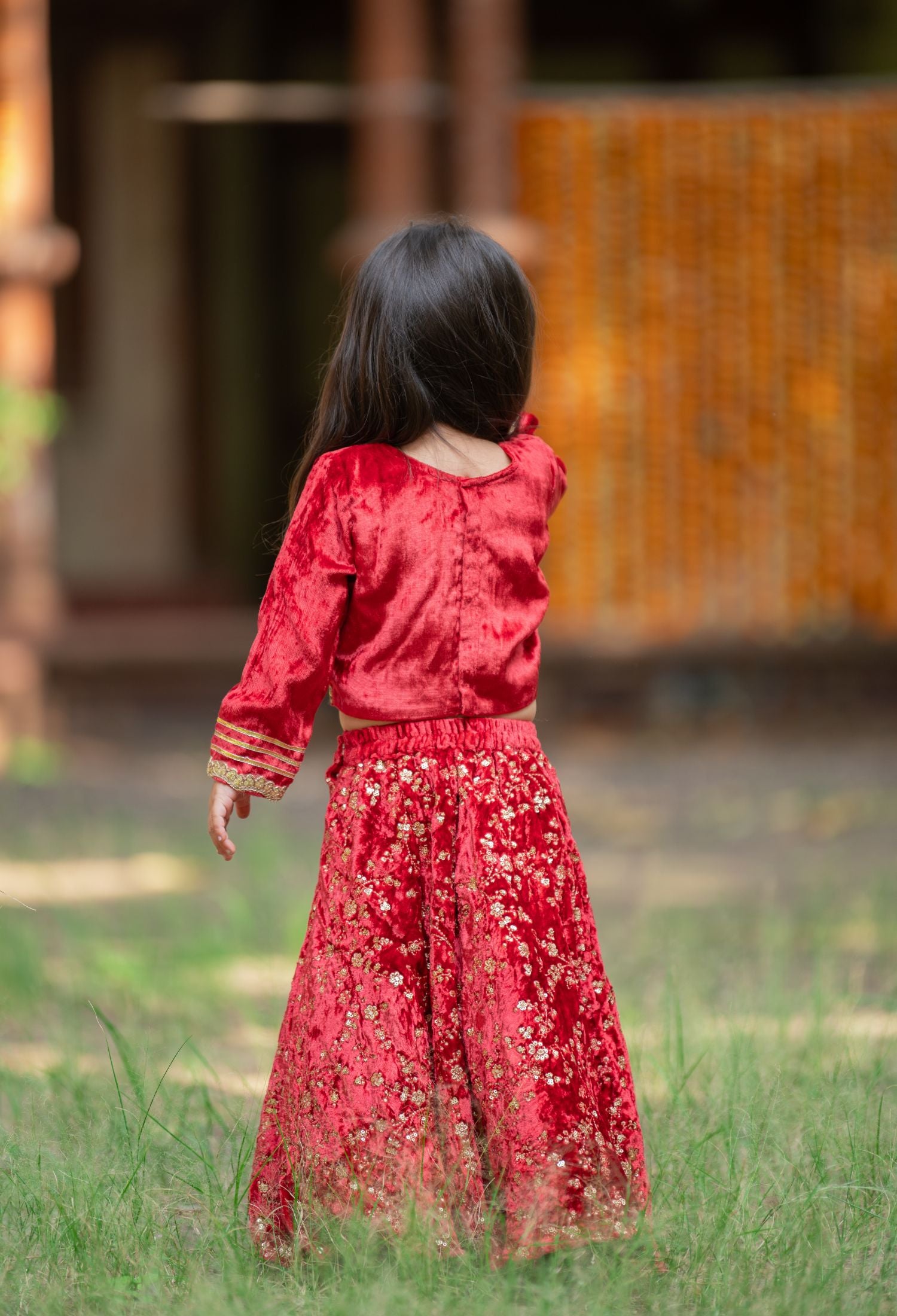 Adorable Red Velvet Top And Floral Sequins Embroidered Lehenga With Matching Dupatta