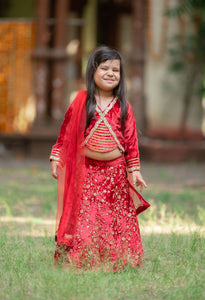 Adorable Red Velvet Top And Floral Sequins Embroidered Lehenga With Matching Dupatta