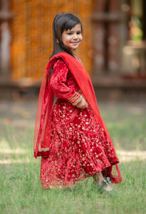 Adorable Red Velvet Top And Floral Sequins Embroidered Lehenga With Matching Dupatta