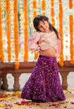 Pink Embroidered Velvet Top With Purple Ghagra