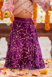 Pink Embroidered Velvet Top With Purple Ghagra